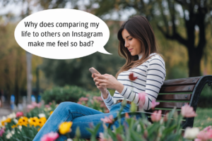 A stylish and creative photo representing Instagram and relationships, showing a woman on a park bench with a phone, symbolizing the emotional impact of comparison.